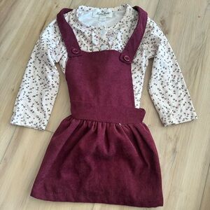 Burgundy Pinafore Dress with Floral Top